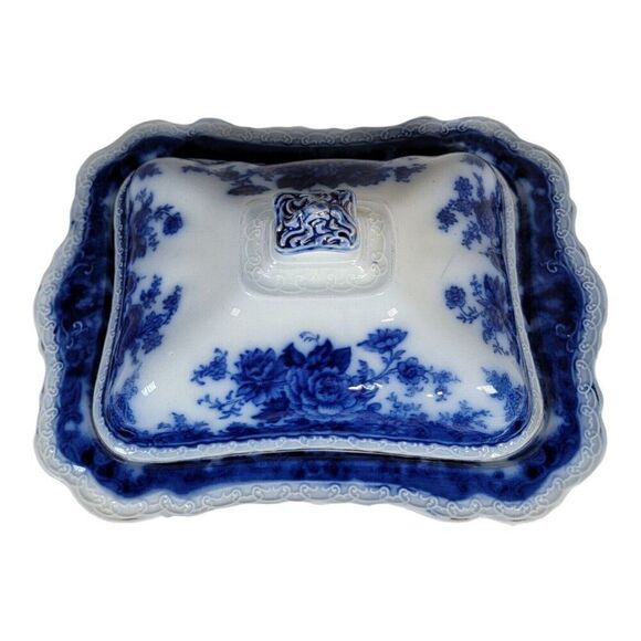 Antique Wedgwood Blue China Covered Vegetable Dish Serving Bowl Roses England - Picture 3 of 11